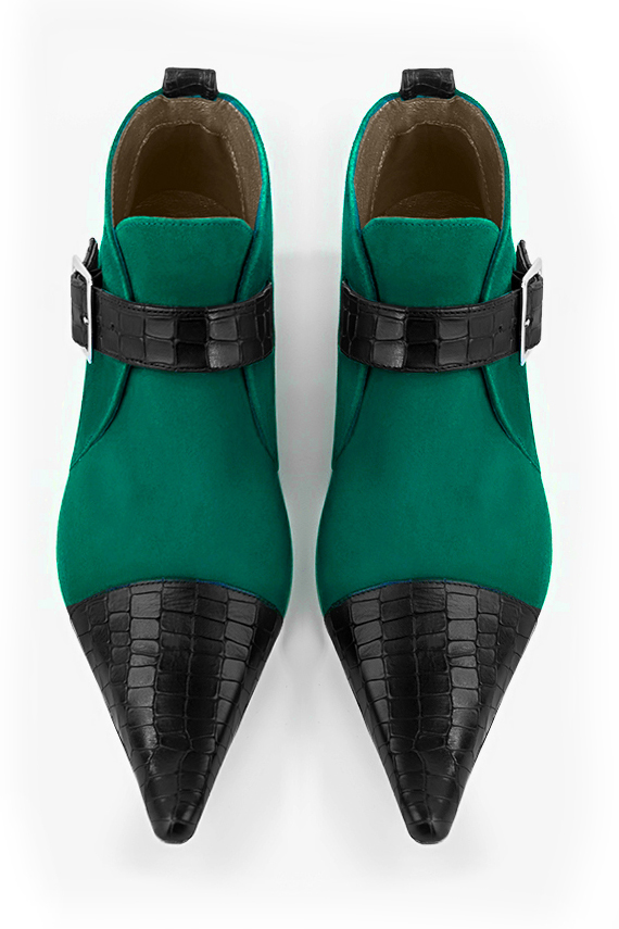 Satin black and emerald green women's ankle boots with buckles at the front. Pointed toe. Medium block heels. Top view - Florence KOOIJMAN